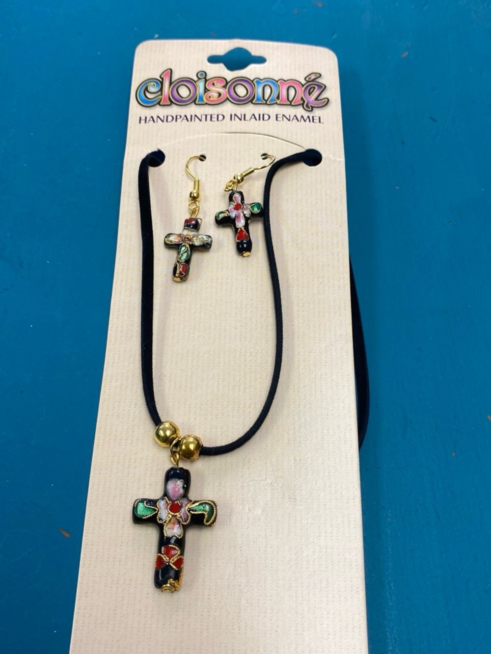 Cloisonné Handpainted Enamel Cross Necklace & Earring Set - Multicolor